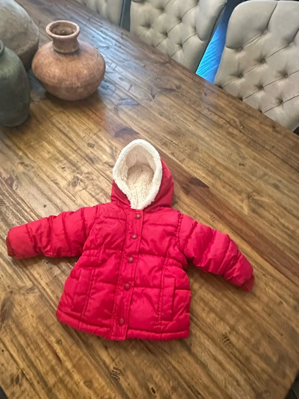 Old Navy Red Kids Puffer Jacket with Faux Fur Hood